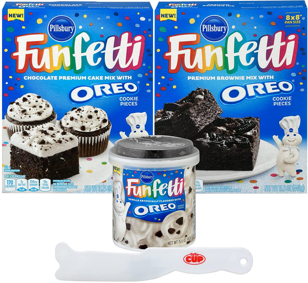 Oreo Funfetti Variety, 1 of each Chocolate Cake Mix, Brownie Mix, Vanilla Frosting with By The Cup Frosting Spreader