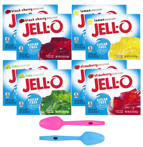 Jell-O Sugar Free Gelatin Variety Pack, Raspberry, Lemon, Lime, and Black Cherry, 0.3 Ounce, 2 of each with By The Cup Mood Spoons