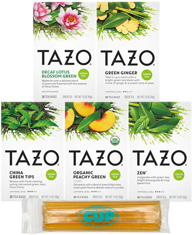 Tazo Green Tea 100 Count Sampler Pack, 5 Flavors, 20 Count Boxes (Pack of 5) with By The Cup Honey Sticks