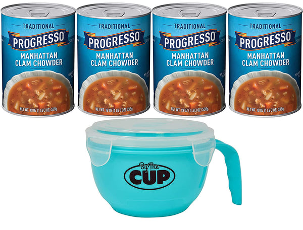 Progresso Manhattan Clam Chowder, 19 oz Can (Pack of 4) with By The Cup Soup Bowl