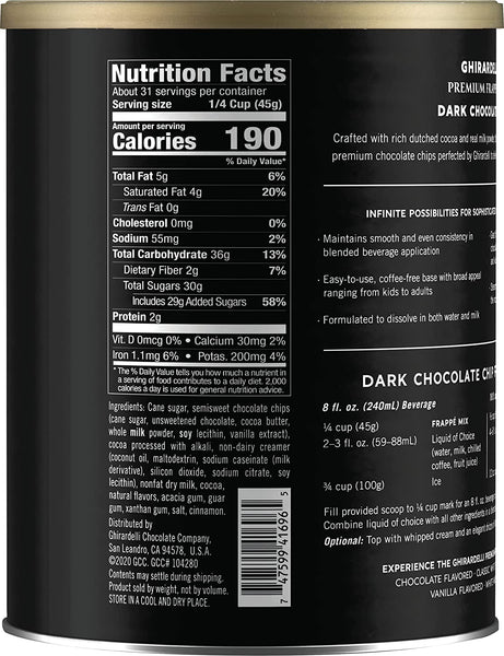 Ghirardelli Premium Frappe Mix Dark Chocolate Chip 50 oz Can (Pack of 2) with By The Cup Cocoa Spoon