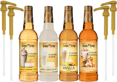 Jordan's Skinny Syrups Sugar Free 4 Flavor Variety 1 of each 750 ml Bottle with By The Cup Coffee Syrup Pumps