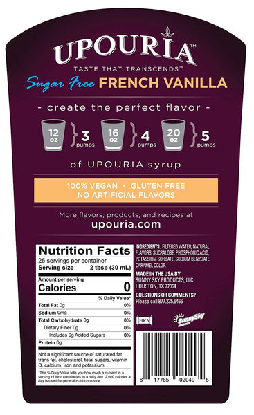 Upouria Coffee Syrup Variety Pack 2 of each - French Vanilla, Sugar Free French Vanilla, Mocha, Caramel, 100% Vegan, Gluten-Free, 750ml Bottles (Pack of 8) with 4 By The Cup Pumps