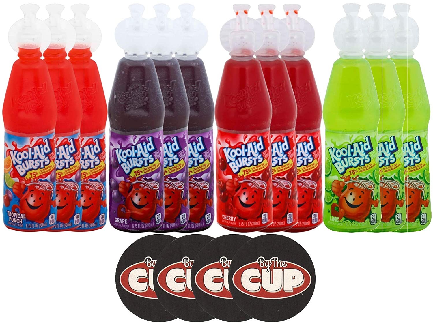 Kool-Aid Burst Soft Drink Variety Pack, Includes Grape, Cherry, Lime and Tropical Punch, 6.75 fl oz, 3 of each Flavor (Pack of 12) with By The Cup Coasters