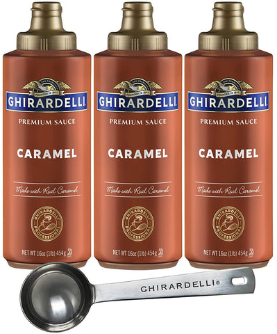 Ghirardelli Caramel Sauce Squeeze Bottle, 17 Ounce (Pack 3) - with Limited Edition Measuring Spoon