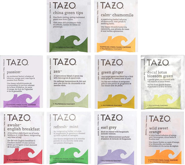 Tazo Tea Bags Sampler 40 Count Variety Gift Box, 10 Different Flavors with By The Cup Honey Sticks