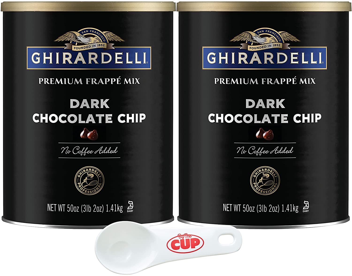 Ghirardelli Premium Frappe Mix Dark Chocolate Chip 50 oz Can (Pack of 2) with By The Cup Cocoa Spoon