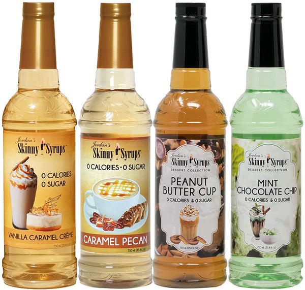 Jordan's Skinny Syrups Sugar Free Vanilla Caramel, Caramel Pecan, Mint Chocolate Chip, Peanut Butter 750 ml Bottles (Pack of 4) with 4 By The Cup Pumps