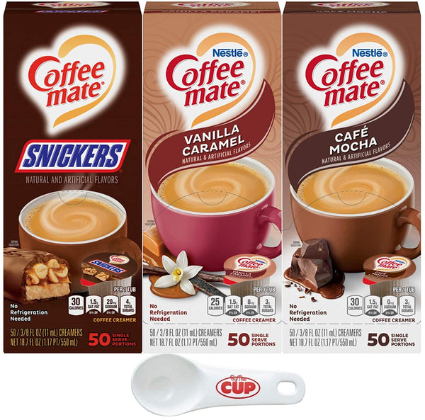 Nestle Coffee mate Liquid Coffee Creamer Singles Variety Pack, Snickers, Vanilla Caramel, Cafe Mocha, 50 Ct Box (Pack of 3) with By The Cup Coffee Scoop