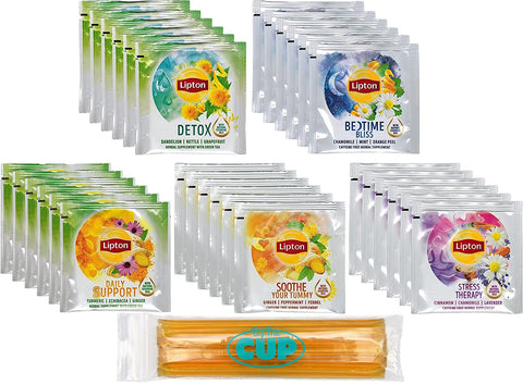 Lipton Herbal Supplements Tea Bag Variety 30 Count, 5 Different Flavors with By The Cup Honey Sticks