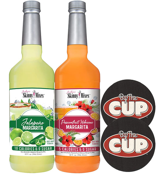 Jordan's Skinny Syrups Sugar Free Margarita Mix Bundle, Passionfruit Hibiscus and Jalapeno with By The Cup Coasters