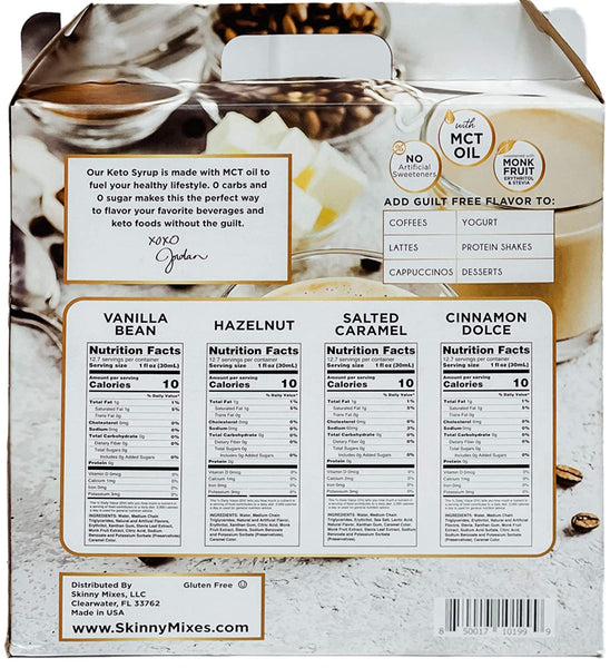 Jordan's Skinny Syrups Sugar Free Keto Quad Includes: Cinnamon Dolce, Salted Caramel, Hazelnut, and Vanilla Bean 12.7 fl oz Bottles (Pack of 1) with By The Cup Coasters