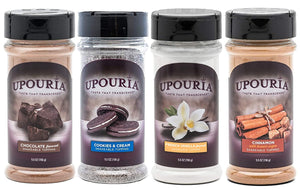 Upouria Coffee Topping Variety Pack - Chocolate, Cookies N Cream, French Vanilla and Cinnamon with Brown Sugar - 5.5 Ounce Shakeable Topping Jars - (Pack of 4)