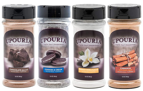 Upouria Coffee Topping Variety Pack - Chocolate, Cookies N Cream, French Vanilla and Cinnamon with Browns Sugar - 5.5 Ounce Shakeable Topping Jars - (Pack of 4)