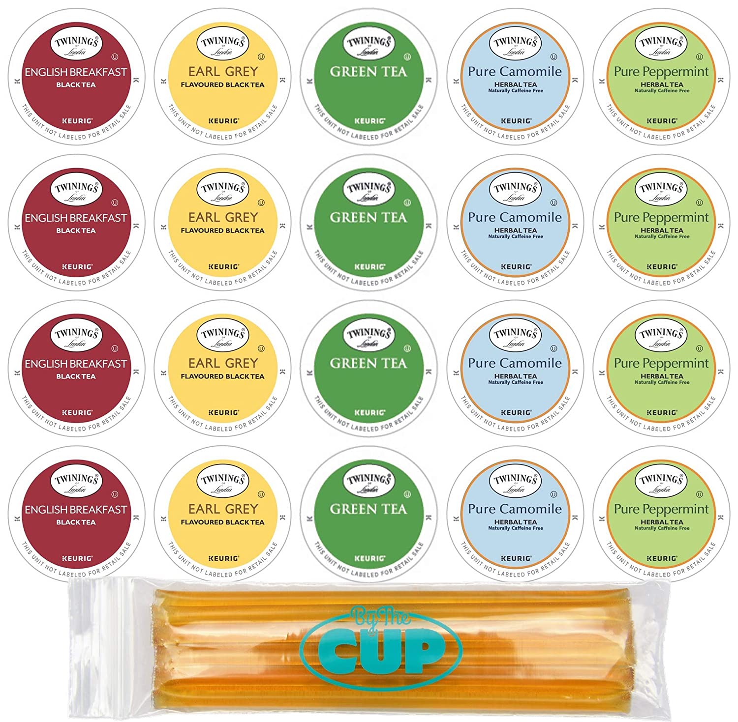By The Cup Twinings Tea Sampler Keurig K Cups Assortment with 10 By The Cup Honey Sticks, 20 Count