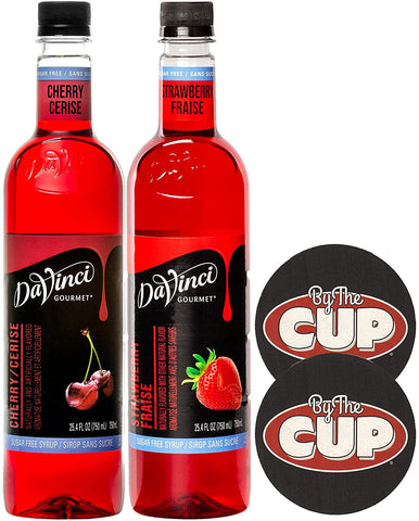 DaVinci Gourmet Sugar-Free Syrup, Strawberry and Cherry, 750 ml Bottle (Pack of 2) with By The Cup Coasters