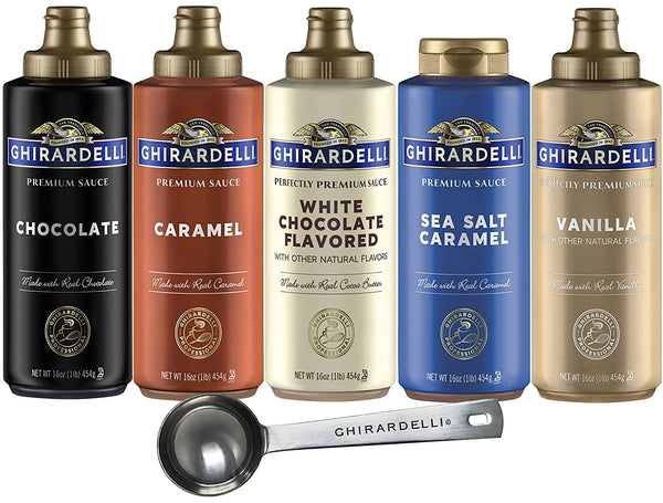 Ghirardelli - 16 Ounce Black Label, 16 Ounce Vanilla, 17 Ounce White, 17 Ounce Caramel, 17 Ounce Sea Salt Caramel Flavored Sauce (Set of 5) - with Limited Edition Measuring Spoon