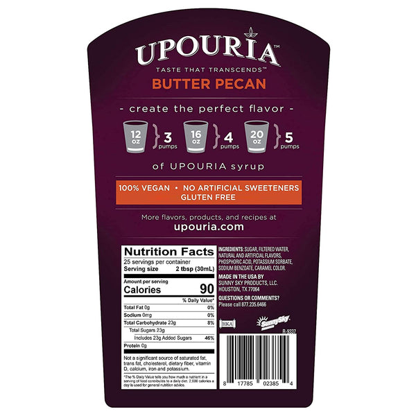 Upouria Butter Pecan Coffee Syrup Flavoring, 100% Vegan, Gluten-Free, 750 mL Bottle (Pack of 2) with 1 Syrup Pump