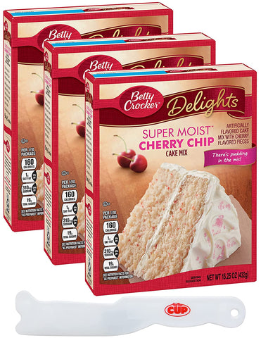 Betty Crocker Delights Super Moist Cherry Chip Cake Mix (Pack of 3) with By The Cup Frosting Spreader