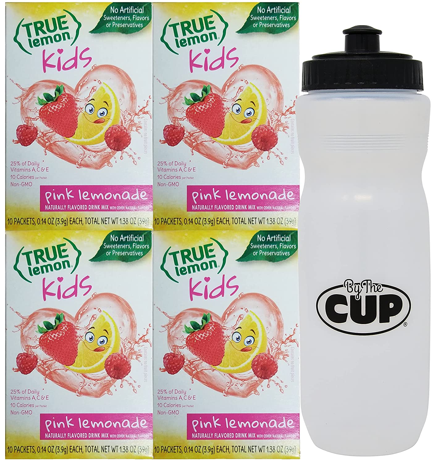 True Lemon Kids Pink Lemonade 10 Count (Pack of 4) with By The Cup Sports Bottle