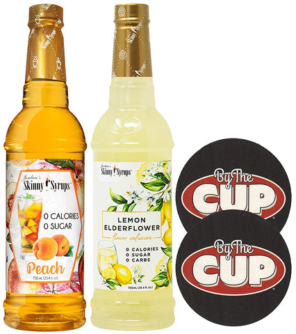 Jordan's Skinny Syrups Sugar Free Peach and Lemon Elderflower Flavor Infusion with 2 By The Cup Coasters