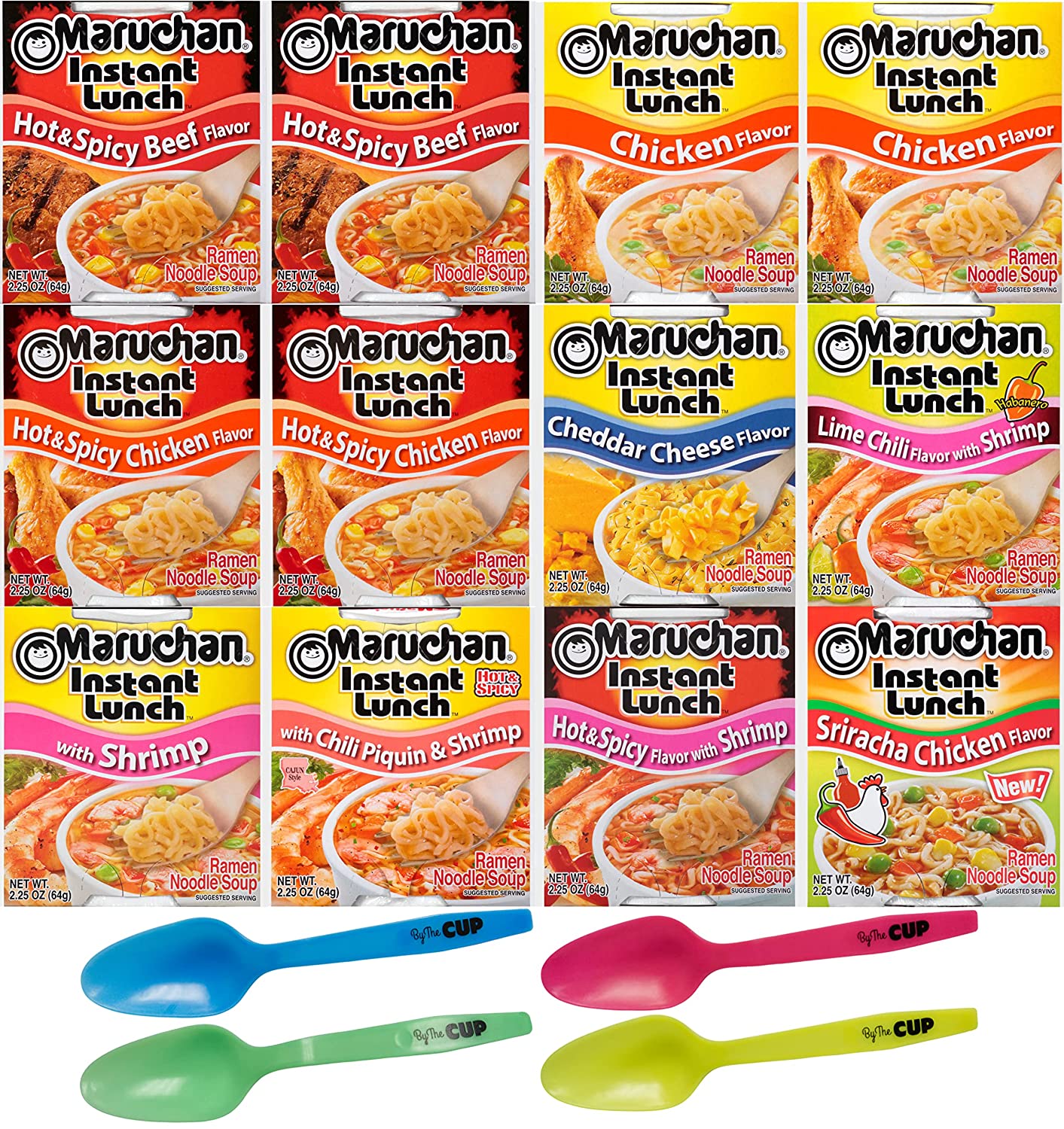 Maruchan Ramen Instant Lunch - 9 flavor Variety 12 pack 2.25 oz each - with Limited Edition By The Cup Spoons