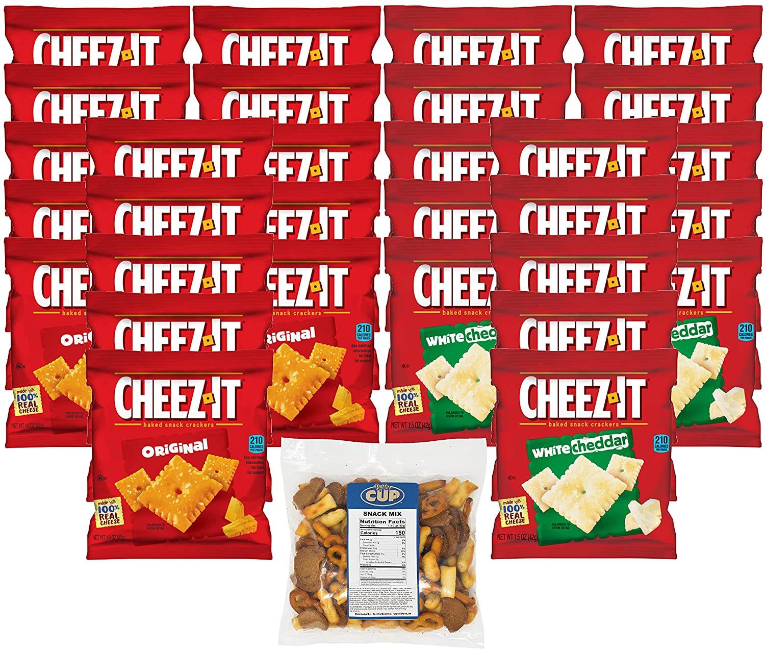 Kellogg's Cheez-It Cracker Bundle, Original and White Cheddar, 1.5 oz Bags, 15 of each (Pack of 30) with By The Cup Snack Mix