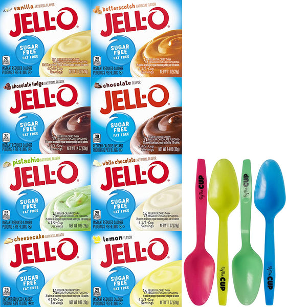 Jell-O Sugar Free Pudding, 8 Flavor Variety, 1 of each with By The Cup Mood Spoons