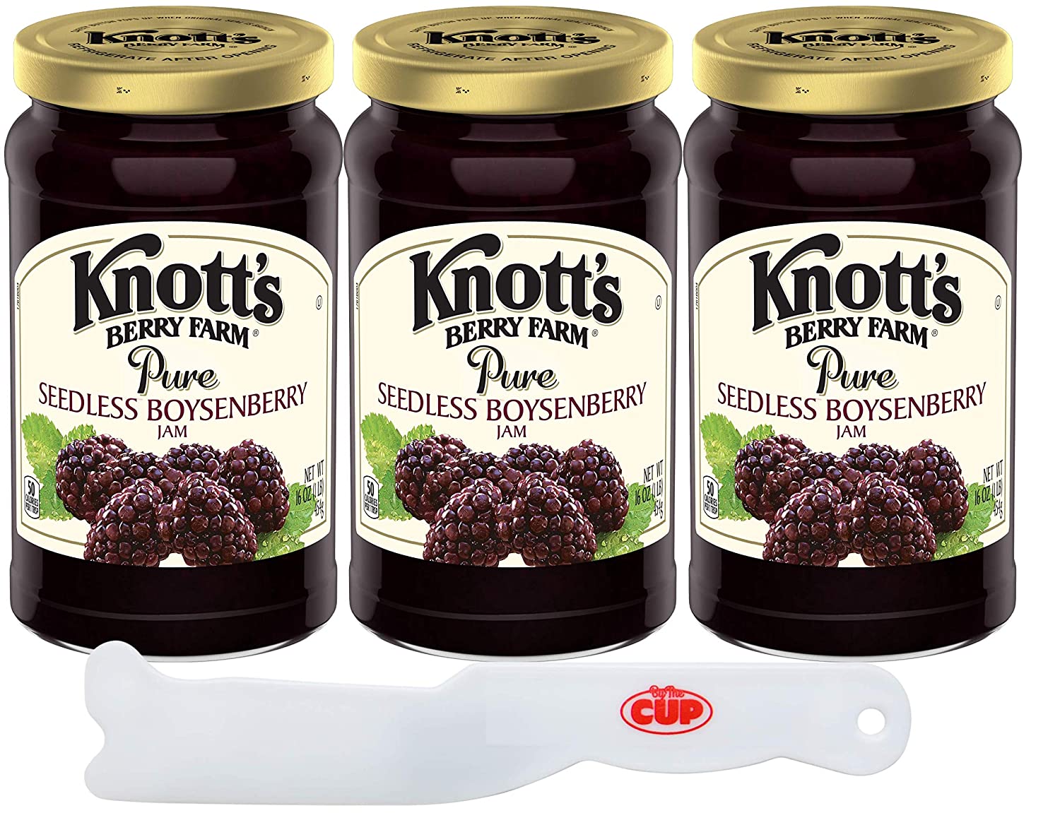 Knott's Berry Farm Pure Seedless Boysenberry Jam 16 Ounce Jar (Pack of 3) with By The Cup Spreader