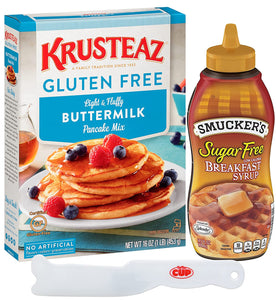 Pancake & Syrup Bundle, 1 of each: Krusteaz Gluten-Free Pancake Mix, 16 oz and Smuckers Sugar-Free Breakfast Syrup, 14.5 oz with By The Cup Spreader