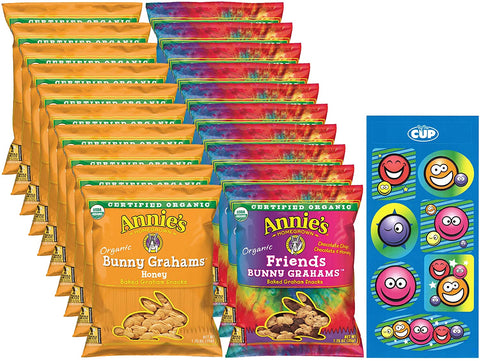 Annie's Organic Baked Graham Snacks Variety, Friends Bunny Grahams and Honey Bunny Grahams (Pack of 20) with By The Cup Stickers