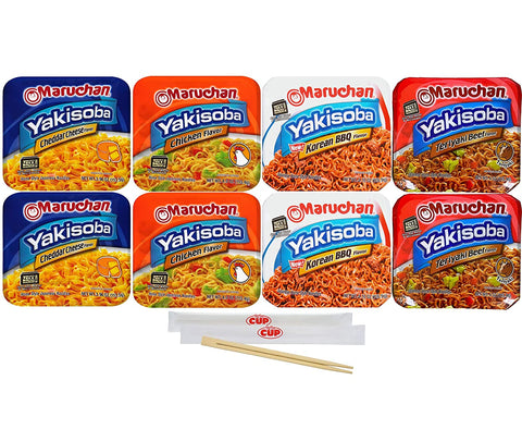 Maruchan Yakisoba Variety, 4 Different Flavors, Single Serving Home-style Japanese Noodles (Pack of 8) with By The Cup Chopsticks