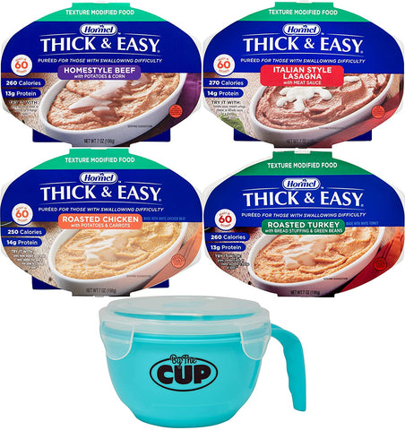 Hormel Thick & Easy Pureed Meals Variety, Roasted Chicken, Beef, Lasagna, and Roasted Turkey with By The Cup Serving Bowl