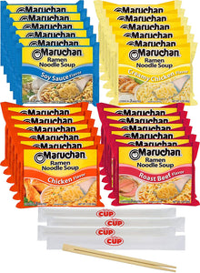 By The Cup Chop Sticks and Soup Variety, 4 Flavor Assortment, 3 Ounce Single Serving Packs Maruchan Ramen Noodle Soup, 6 of each Soy, Creamy Chicken, Roast Beef and Chicken Flavor (Pack of 24)