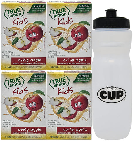 True Lemon Kids Crisp Apple 10 Count (Pack of 4) with By The Cup Sports Bottle