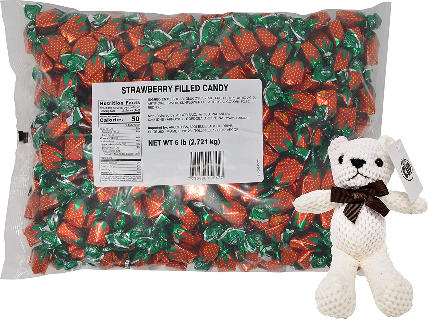 Arcor Strawberry Filled Bon Bons, 6 Pound Bag with By The Cup Teddy Bear