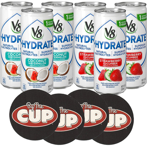V8 +Hydrate Plant-Based Hydrating Beverage Variety, Strawberry Cucumber, Coconut Watermelon, 3 of Each 8 oz. Cans (Pack of 6) with By The Cup Coasters