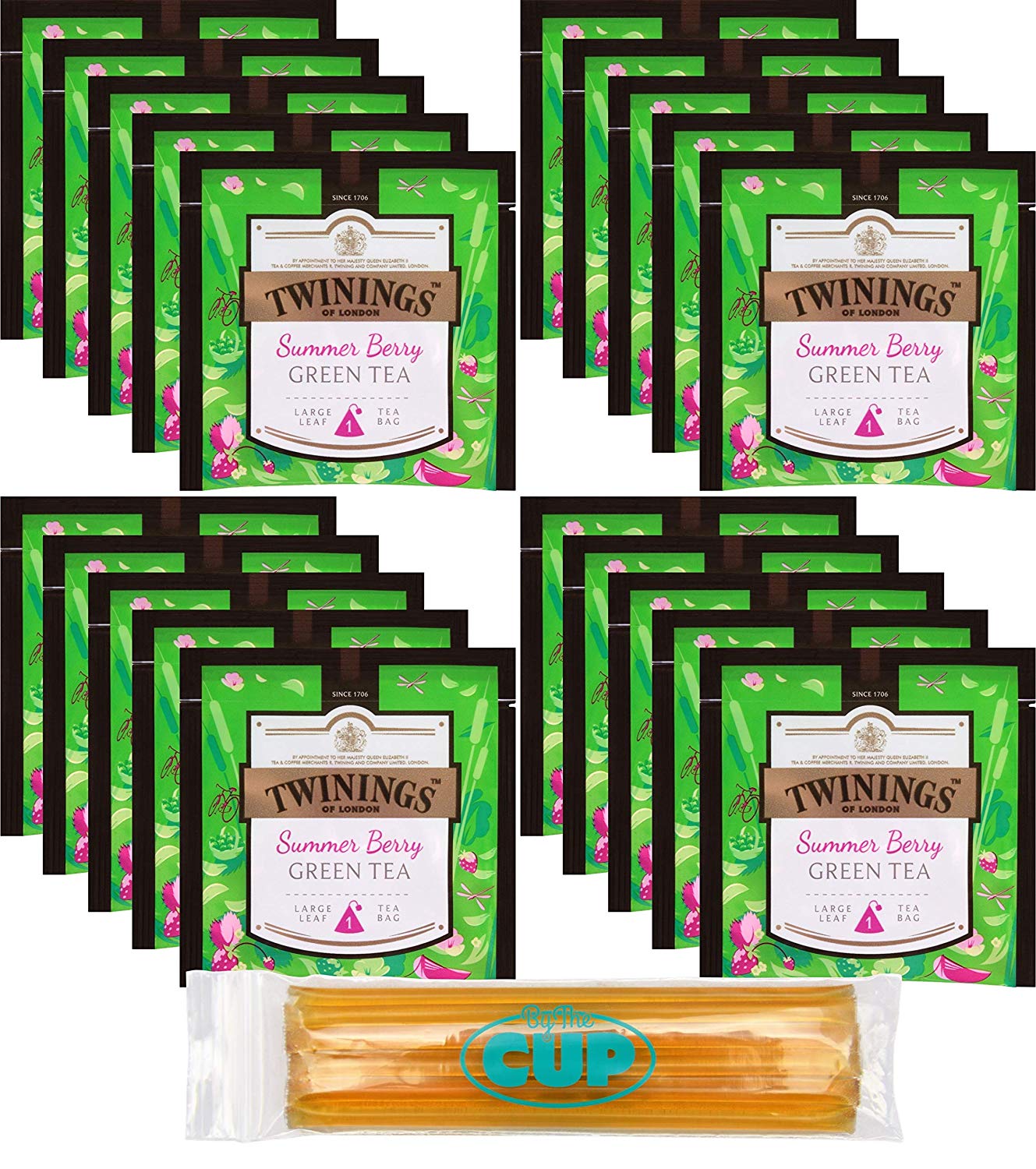 Twinings Discovery Collection Summer Berry Green Tea 20 Large Leaf Pyramid Tea Bags with By The Cup Honey Sticks