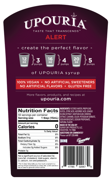 Upouria Alert Functional Syrup 100% Vegan and Gluten-Free, 750 ml bottle - Pump Included