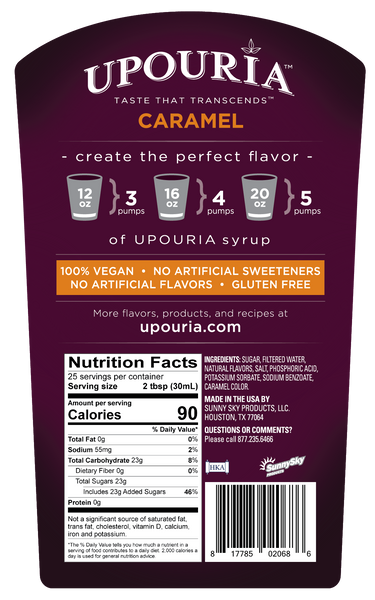 Upouria Caramel Syrup Naturally Flavored Syrup 100% Vegan, Gluten-Free, 750ml bottle - Pump included