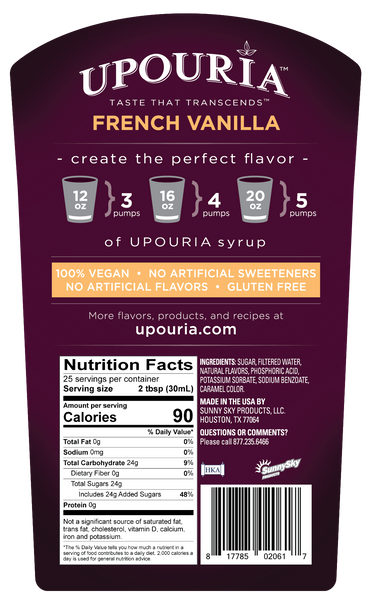 Upouria French Vanilla Naturally Flavored Syrup, 100% Vegan and Gluten-Free, 750ml bottle - Pump included