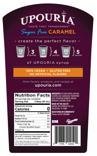 Upouria Sugar Free Caramel Flavored Syrup, 100% Vegan and Gluten-Free, 750 mL Bottle - Coffee Syrup Pump Included